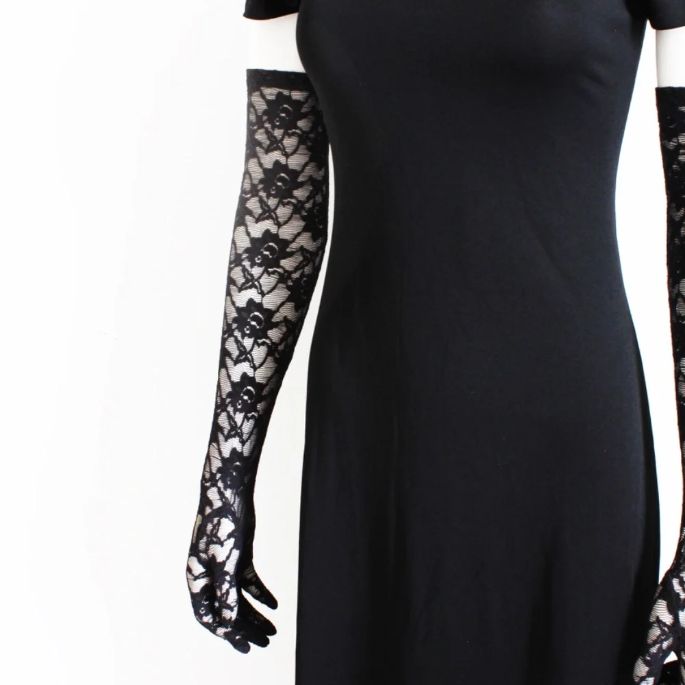Vintage Opera Gloves Black Lace Floral Pattern Attributed to Norma Kamali OSFM